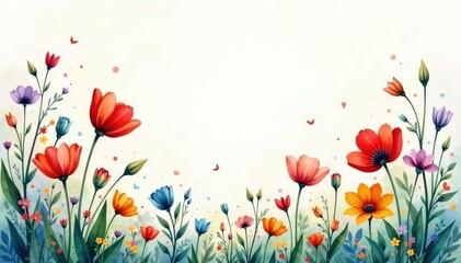 Abstract watercolour style wildflowers, scattered stems , bloom, blossom, stems