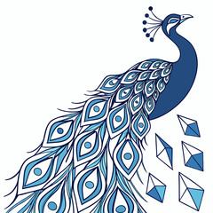 Fototapeta premium Stylized peacock illustration, blue and white color scheme