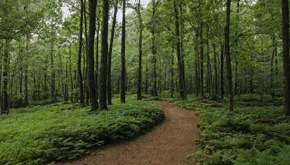 Fototapeta premium A winding dirt path through a dense forest with tall trees and lush green undergrowth on a cloudy day