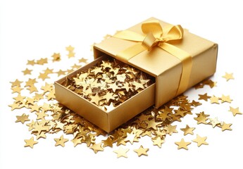 Golden Gift Box with Star Confetti for Celebration and Party Decor