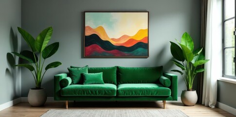 Grey walls, green velvet sofa, tropical plants, abstract art, stylish decor , velvet sofa, chic