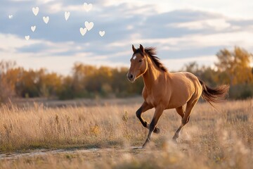 Obraz premium Horse running freely across an open field with hearts in the sky and text space for I Love Horses Day with copy space. Golden hour light. Nature meadow background