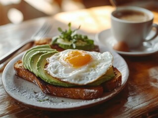 Fototapeta premium Breakfast delight: A delectable breakfast spread, showcasing a fried egg, avocado toast, and a cup of coffee, presented on a wooden table. The shot evokes a sense of indulgence and enjoyment.