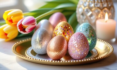 Colorful glitter easter eggs with tulips and candle on a golden plate