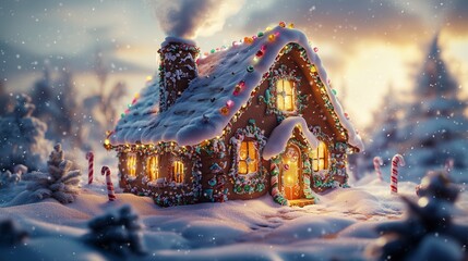 A beautifully detailed homemade gingerbread house, surrounded by snow, colorful icing decorations on every edge, little candy canes lining the roof 