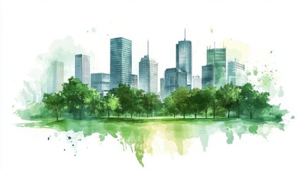 Obraz premium Urban Landscape with Green Trees and Modern Skyscrapers in Watercolor