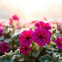 delicate petunia blooms under frosty morning light, morning, greenery