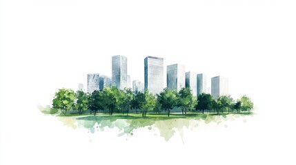 Obraz premium Modern Cityscape with Green Trees and Open Park Area in Watercolor