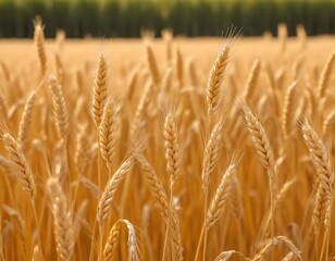 Fototapeta premium golden spikelets of wheat in the field close up. Ripe large golden ears of wheat against the yellow background of the field. Close-up, nature. The idea of a rich summer harvest, farming.
