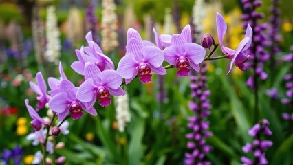 Obraz premium Delicate purple orchid blooms in a lush Keukenhof garden, vanda, flowers
