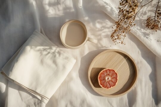 rustic breakfast scene features grapefruit half on wooden plate, coffee cup, and linen cloth. dried flowers and gentle sunlight create serene, minimalist aesthetic perfect for relaxation