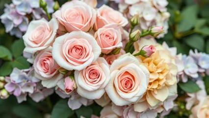 Fototapeta premium Delicate roses entwined with hydrangeas in a floral arrangement, garden, blossom, blossoms