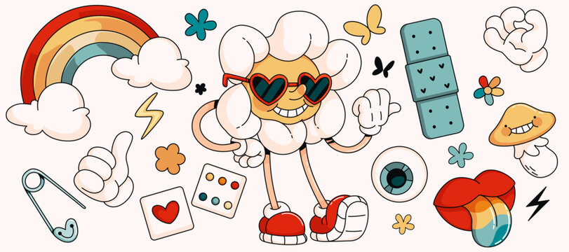Retro 70s summer cartoon stickers set - daisy flower groovy character in sunglasses, clouds with rainbow, mushroom and lips with colorful tongue, hand gestures and eye. Abstract psychedelic elements.