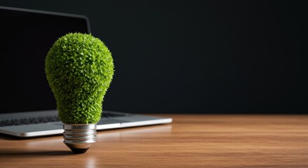 eco-friendly innovation, green light bulb sitting on wooden desk near laptop, symbolizing sustainable energy and digital creativity, promoting eco-conscious technology solutions
