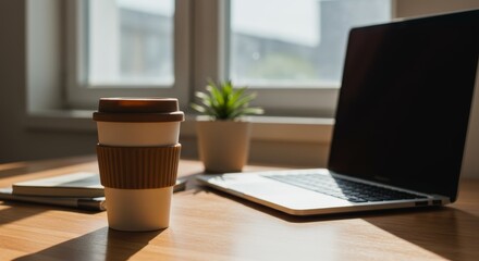 home office desk with laptop and reusable coffee cup on sunny morning. sustainable workspace setup with natural light, potted plant, and essentials for productive remote work