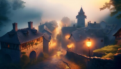 Fog rolling into medieval village at sunset with lit street lamps