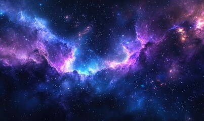 Fototapeta premium Cosmic nebulae swirl in deep space. Vibrant hues of purple and blue nebulae fill the vast expanse, dotted with distant stars
