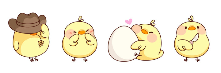 Kawaii chick baby character for Easter design - cute little yellow chicken in cowboy hat, small farm animal blushing with pink chicks, bird hugging egg with love and standing with knife in wing.