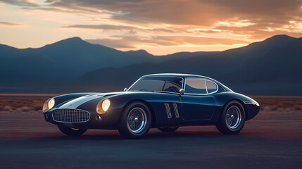 Fototapeta premium Vintage Car at Dusk: A meticulously crafted classic car, sleek and elegant, is captured in a golden hour setting against a backdrop of serene mountains, embodying timeless automotive design.