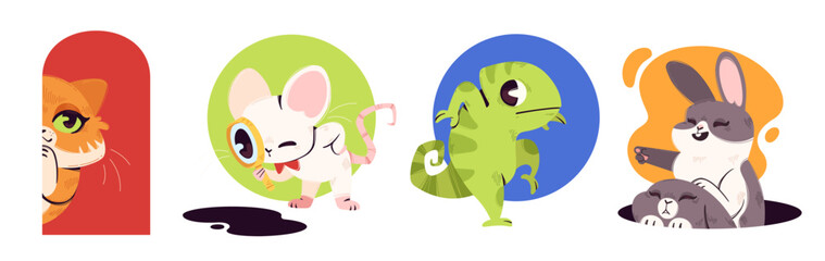 Kid friendly peeking animal characters set - curious cat, mouse with magnifying glass, sneaking chameleon, rabbit peeping from hole and pointing with index finger. Cute funny cartoon childish mascots