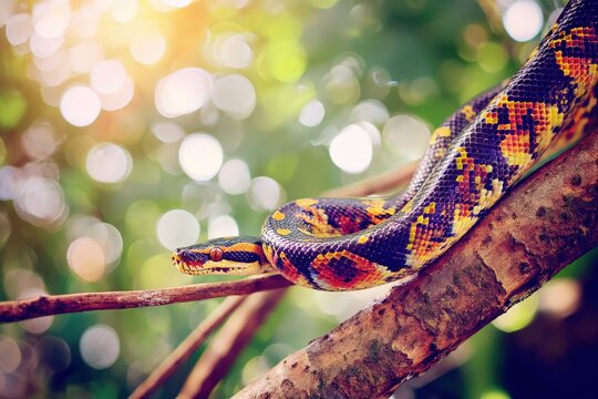 Colorful python wrapping around tree branch with copy space. Dreamy soft light. Misty rainforest background