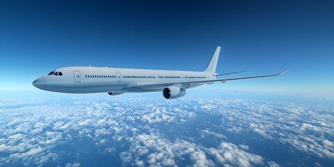 White passenger jet flies across a clear blue sky, leaving long contrails in an aerial minimalist composition with expansive open space.