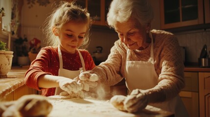 Generational Baking Moments: A heartwarming moment of intergenerational bonding as a grandmother and her granddaughter joyfully collaborate in the kitchen, crafting delicious pastries together.