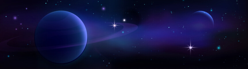 Obraz premium Space planet nebula background - deep cosmos scene with glowing celestial bodies, mysterious starlight, ethereal clouds and luminous comets. Astronomy intergalactic landscape. Universe exploration.