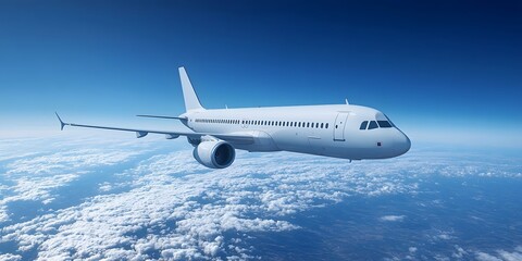 Obraz premium White passenger jet flies across a clear blue sky, leaving long contrails in an aerial minimalist composition with expansive open space.