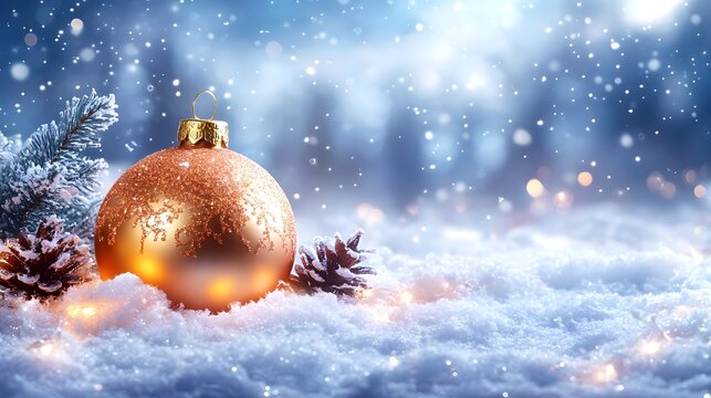 Golden Christmas Ornament in Snowy Winter Forest Scene festive atmosphere with warmth and charm