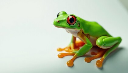 Green tree frog perched on white, vibrant skin details, detail, isolated frog, isolated