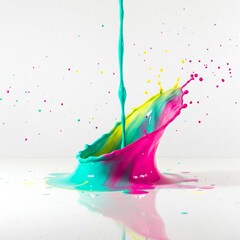 Bunter Farbeimer wird ausgeschüttet und erzeugt dynamische Farbspritzer in Regenbogenfarben auf weißem Hintergrund