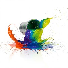 Bunter Farbeimer wird ausgeschüttet und erzeugt dynamische Farbspritzer in Regenbogenfarben auf weißem Hintergrund