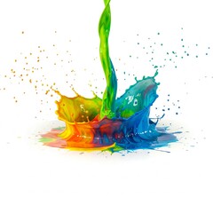 Bunter Farbeimer wird ausgeschüttet und erzeugt dynamische Farbspritzer in Regenbogenfarben auf weißem Hintergrund