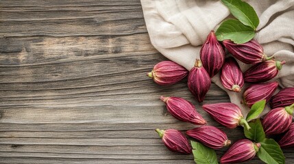 Fototapeta premium Beautiful Purple Pods with Green Leaves on Rustic Wooden Surface