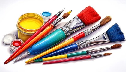 Fototapeta premium Vibrant Collection of Art Supplies with Brushes and Paints on White Background for Creative Projects