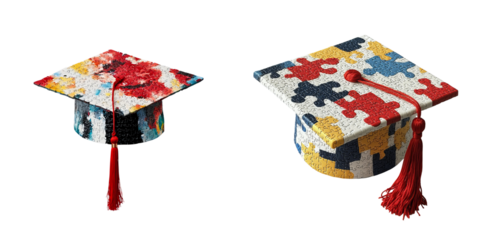 Png of Two unique graduation caps, one with a colorful splash design and the other with a puzzle pattern, symbolizing creativity and diversity.