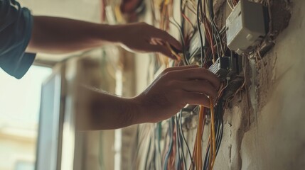 Electrician rewiring an old building for modern electrical systems. Featuring building upgrades and safety compliance