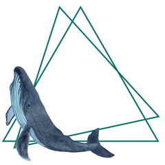 Triangle card with whale with copy space. Watercolor illustration isolated on white background. Painting for postcards, cards