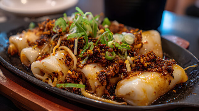 Delicious Pan-Fried Cheung Fun with Savory XO Sauce and Fresh Green Onions on a Serving Plate