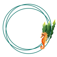 Circle card with seahorse and seaweed with copy space. Watercolor illustration isolated on white background. Painting for postcards, cards