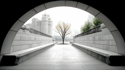 Obraz premium Arched passageway reveals a lone tree and cityscape in misty weather