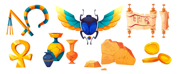 Ancient Egypt artifacts set - stone hieroglyph fragments and scarab beetle, ankh cross and parchment scroll, colorful ceramic vase and golden coins, ankh cross and Egyptian pharaoh crook and flail.