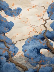 青と茶色の木々 雲の背景にオレンジ色の花が咲く抽象的なイラスト