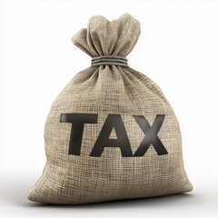 Word TAX with money bag on table against white background