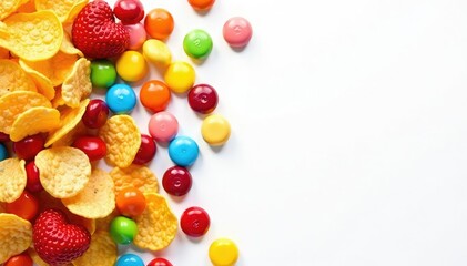 Pile of colorful candy, chips, and soda on white background, fast food, preservatives