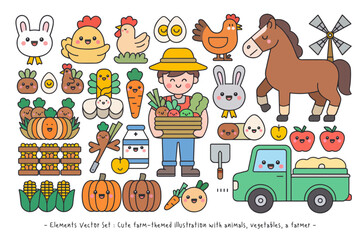 Cute farm-themed illustration with animals, vegetables, a farmer, and tools. Ideal for kids' designs, educational materials, or agricultural graphics.