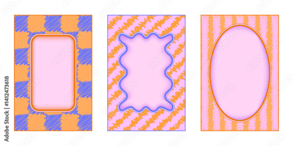Poster groovy border wavy frames set - rectangular checkered pattern, diagonal scribbled background with cu