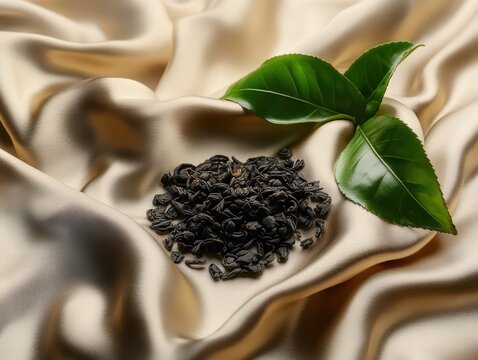 A collection of loose tea leaves gently scattered a smooth silk cloth, soft folds adding depth and an elegant, luxurious touch  scene