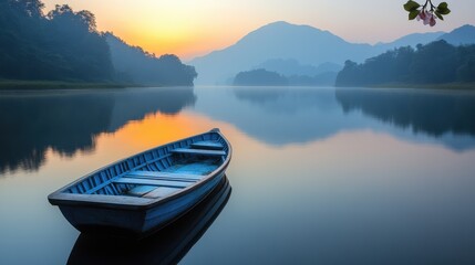 A small blue boat sits in a calm lake at sunset